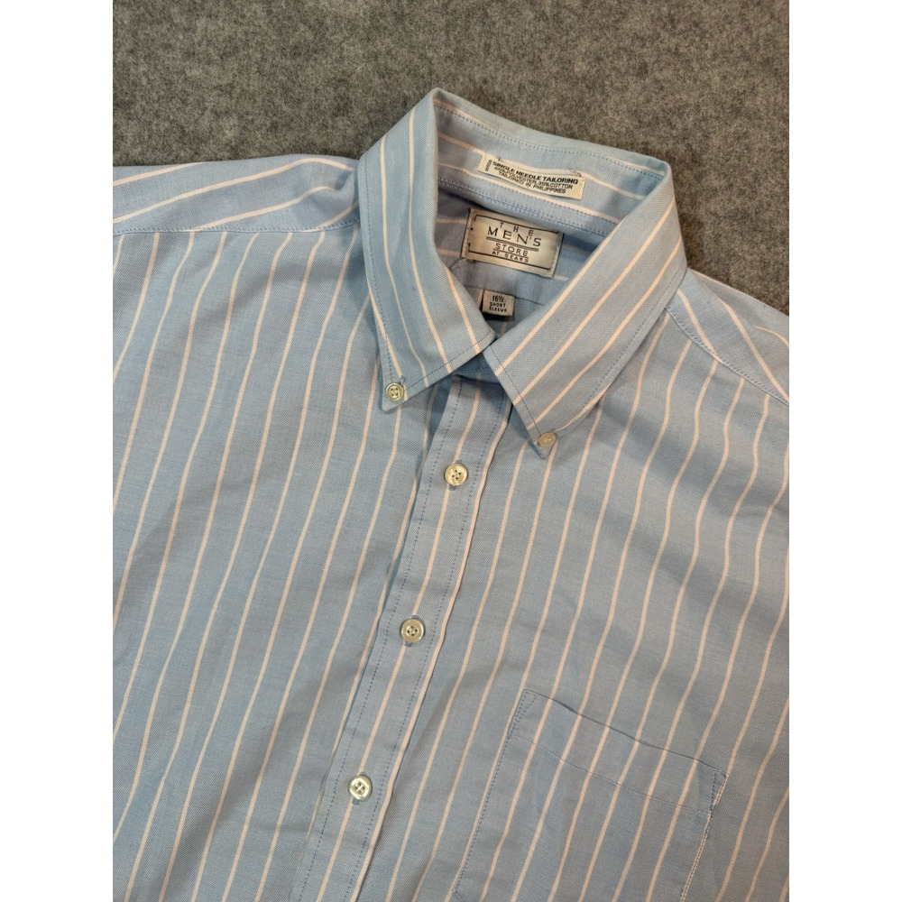 Vintage‎ The Mens Store Sears Striped Short Sleeve Button Down Shirt Blue 16.5